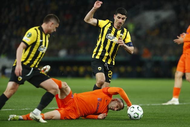 UEFA Conference League, AEK Athens vs vs Celje - Petros Mantalos of AEK Athens in action during the UEFA Conference League round of 16 second leg soccer match between AEK Athens and Celje, in Athens, Greece, 19 March 2026. IMAGO ONE INCH PRODUCTIONS ATHENS GREECE Copyright: xOnexInchxProductionsx 6899576