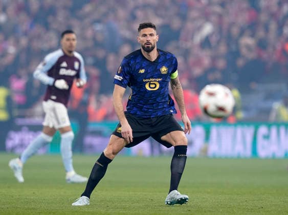 Birmingham, England, 19th March 2026. Olivier Giroud of LOSC Lille during the Aston Villa vs LOSC Lille UEFA Europa League round of 16 match at Villa Park, Birmingham. Picture credit should read: Andrew Yates Sportimage EDITORIAL USE ONLY. No use with unauthorised audio, video, data, fixture lists, club league logos or live services. Online in-match use limited to 120 images, no video emulation. No use in betting, games or single club league player publications. SPI_022_AY_Villa_Lille SPI-4627-0022