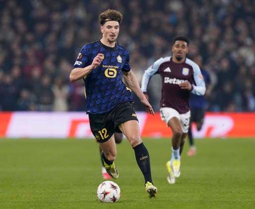 Birmingham, England, 19th March 2026. Thomas Meunier of LOSC Lille finds space to move forward during the Aston Villa vs LOSC Lille UEFA Europa League round of 16 match at Villa Park, Birmingham. Picture credit should read: Andrew Yates Sportimage EDITORIAL USE ONLY. No use with unauthorised audio, video, data, fixture lists, club league logos or live services. Online in-match use limited to 120 images, no video emulation. No use in betting, games or single club league player publications. SPI_025_AY_Villa_Lille SPI-4627-0025