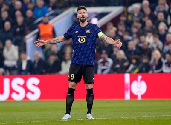 Birmingham, England, 19th March 2026. Olivier Giroud of LOSC Lille during the Aston Villa vs LOSC Lille UEFA Europa League round of 16 match at Villa Park, Birmingham. Picture credit should read: Andrew Yates Sportimage EDITORIAL USE ONLY. No use with unauthorised audio, video, data, fixture lists, club league logos or live services. Online in-match use limited to 120 images, no video emulation. No use in betting, games or single club league player publications. SPI_027_AY_Villa_Lille SPI-4627-0028