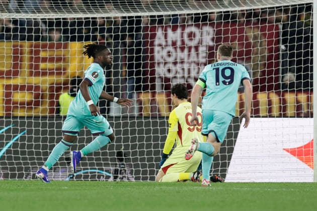 UEFA Europa League round of 16 second leg match AS Roma - Bologna Bologna s English forward Jonathan Rowe celebrates after scoring a goal during UEFA Europa League round of 16 second leg match AS Roma - Bologna at Olimpico stadium on March 19, 2026 in Rome, Italy. _BPH7964 Copyright: xAntonioxBalascox