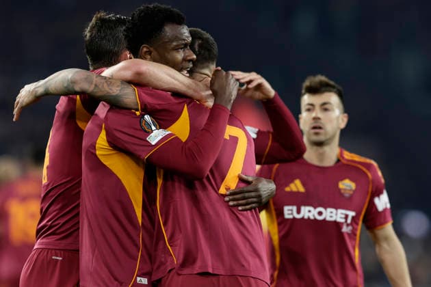UEFA Europa League round of 16 second leg match AS Roma - Bologna Roma™s Ivorian defender Evan Ndicka celebrates after scoring a goal during UEFA Europa League round of 16 second leg match AS Roma - Bologna at Olimpico stadium on March 19, 2026 in Rome, Italy. _BPH8463 Copyright: xAntonioxBalascox