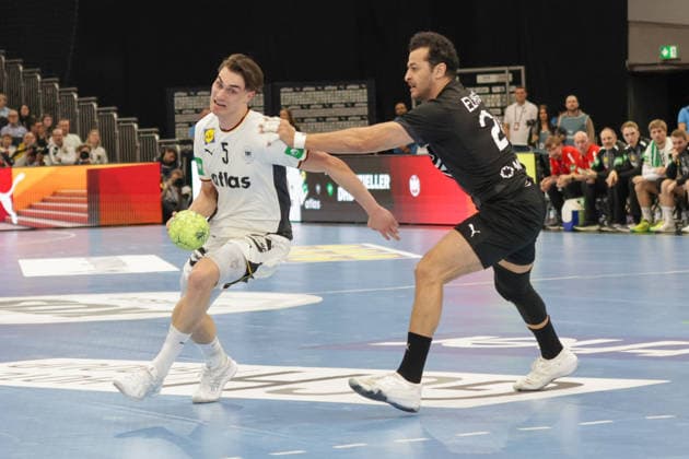 19.03.2026, xgrfx, Handball Länderspiel, Deutschland - Ägypten v.l. Miro Schluroff (Deutschland), Ibrahim Elmasry (Ägypten) (DFL DFB REGULATIONS PROHIBIT ANY USE OF PHOTOGRAPHS as IMAGE SEQUENCES and or QUASI-VIDEO) Dortmund