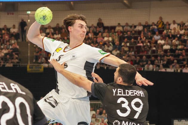 19.03.2026, xgrfx, Handball Länderspiel, Deutschland - Ägypten v.l. Miro Schluroff (Deutschland), Yehia Elderea (Ägypten) (DFL DFB REGULATIONS PROHIBIT ANY USE OF PHOTOGRAPHS as IMAGE SEQUENCES and or QUASI-VIDEO) Dortmund