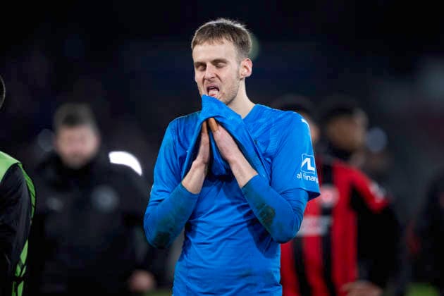 UEFA Europa League: FC Midtjylland - Nottingham Forest FC Midtjylland s goalkeeper Elias Olafsson reacts after the defeat in the match between FC Midtjylland and Nottingham Forest in the Europa League 2nd match at MCH Arena in Herning on Thursday, March 19, 2026. (Photo: Bo Amstrup Ritzau Scanpix) , Herning Denmark Mors Copyright: BoxAmrstrupx xRitzauxScanpix BoxAmstrupx spdk20260319-214639-L