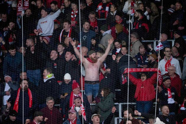 UEFA Europa League: FC Midtjylland - Nottingham Forest Nottingham Forest s fans celebrate the victory after the match between FC Midtjylland and Nottingham Forest in the Europa League 2nd leg at MCH Arena in Herning on Thursday, March 19, 2026. (Photo: Bo Amstrup Ritzau Scanpix) , Herning Denmark Mors Copyright: BoxAmrstrupx xRitzauxScanpix BoxAmstrupx spdk20260319-214704-L