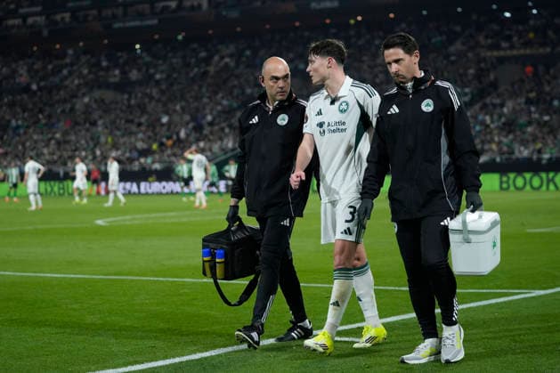 March 19, 2026, Sevilla, Sevilla, Spain: Georgios Katris of Panathinaikos FC gets injured during the UEFA Europa League 2025 26 Round of 16 Second Leg match between Real Betis Balompie and Panathinaikos FC at La Cartuja stadium on March 19, 2026, in Sevilla, Spain. Sevilla Spain - ZUMAa181 20260319_zaa_a181_223 Copyright: xJoaquinxCorcherox