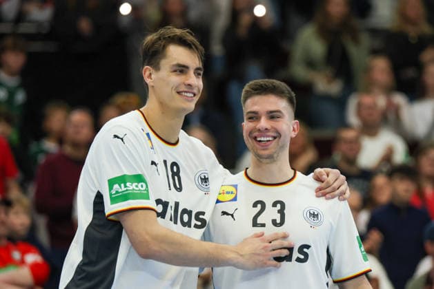 Dortmund, Deutschland: 19. März 2026 - Handball Länderspiel Freundschaftsspiel - Deutschland vs. Ägypten Im Bild: v.li. Julian Köster Koester (Deutschland) und Renars Uscins (Deutschland) Copyright: HMBxMedia MadeleinexFantini