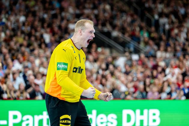 Dortmund 19.03.2026, Handball, Herren, Länderspiel, Deutschland Ägypten David Späth (Deutschland, 1) jubelt über eine Glanzparade Dortmund Westfalenhalle NRW Germany