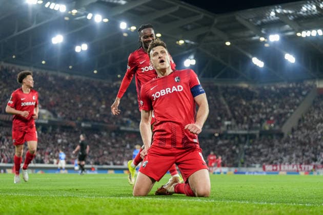 Maximilian Eggestein (SC Freiburg, 08), Torjubel, Emotionen, Torschuss, Abschluss, Torerfolg, Tor, Treffer , Deutschland, Fussball, UEFA Europa League, Achtelfinale, Rückspiel, 2025 2026, SC Freiburg vs. KRC Genk, 19.03.2026, Europa-Park Stadion, Freiburg, Deutschland Freiburg Europa-Park Stadion Baden-Württemberg Deutschland Copyright: xArnexAmbergx