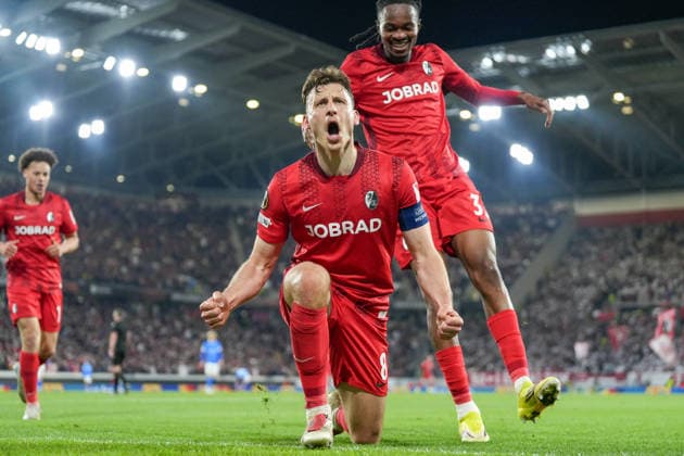 Maximilian Eggestein (SC Freiburg, 08) Torjubel, Emotionen, Torschuss, Abschluss, Torerfolg, Tor, Treffer , Deutschland, Fussball, UEFA Europa League, Achtelfinale, Rückspiel, 2025 2026, SC Freiburg vs. KRC Genk, 19.03.2026, Europa-Park Stadion, Freiburg, Deutschland Freiburg Europa-Park Stadion Baden-Württemberg Deutschland Copyright: xArnexAmbergx