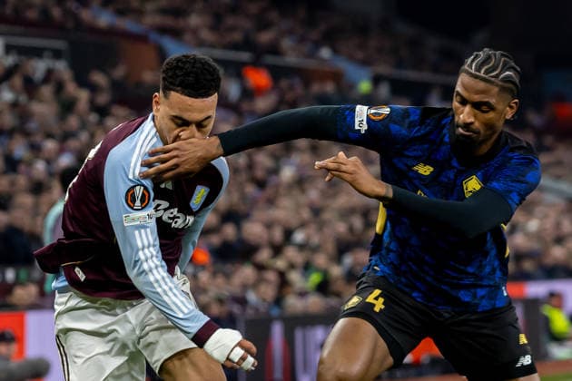 Aston Villa v Lille OSC, Europa League Lille defender Alexsandro (4) hits Aston Villa midfielder Morgan Rogers (27) on nose during the Europa League match between Aston Villa and Lille OSC at Villa Park, Birmingham, UK on 19 March 2026. Birmingham Villa Park West Midlands UK Editorial use only , Copyright: xManjitxNarotrax PSI-23923-0180