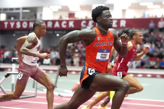 NCAA, College League, USA Indoor Track and Field Championships Ja Kobe Tharp of Auburn wins 60m hurdles heat in 7.36 during the NCAA Indoor Track and Field Championships, Friday, March 13, 2026, in Fayetteville, Ark. Fayetteville Arkansas United States EDITORIAL USE ONLY Copyright: xImagexofxSportx ImagexofxSportx iosphotos399537