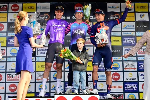 Bredene Koksijde Classic 2026 Cycling Race KOKSIJDE, BELGIUM - MARCH 20 : Ackermann Pascal (GER) of Team Jayco AlUla, Groenewegen Dylan (NED) of Unibet Rose Rockets and Bittner Pavel (CZE) of Team Picnic PostNL pictured during the podium ceremony of the 24th edition of Bredene Koksijde Classic an UCI ProSeries 1.Pro one day cycling road race for Men Elite of km with start in Bredene and finish in Koksijde on March 20, 2026 in Koksijde, Belgium, 20 03 2026 ( Motordriver Stephan Boone - Koksijde Belgium  Copyright: xJanxDexMeuleneirx