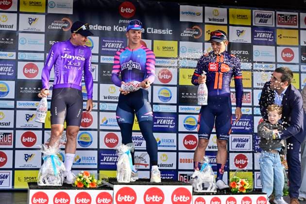Bredene Koksijde Classic 2026 Cycling Race KOKSIJDE, BELGIUM - MARCH 20 : Ackermann Pascal (GER) of Team Jayco AlUla, Groenewegen Dylan (NED) of Unibet Rose Rockets and Bittner Pavel (CZE) of Team Picnic PostNL pictured during the podium ceremony of the 24th edition of Bredene Koksijde Classic an UCI ProSeries 1.Pro one day cycling road race for Men Elite of km with start in Bredene and finish in Koksijde on March 20, 2026 in Koksijde, Belgium, 20 03 2026 ( Motordriver Stephan Boone - Koksijde Belgium  Copyright: xJanxDexMeuleneirx