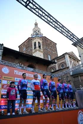 Milan Sanremo 2026 Cycling Race Media Activities 20 03 2026 SANREMO, ITALY - MARCH 20 : team Unibet Rose Rockets pictured during the teams presentation prior to the 117th edition of Milan Sanremo an UCI World Tour 1.UWT one day cycling road race for Men Elite of 298 km with start in Pavia and finish in Sanremo on March 20, 2026 in Sanremo, Italy, 20 03 2026 ( Motordriver Guy De Vuyst - Sanremo Italy  Copyright: xNicoxVereeckenx