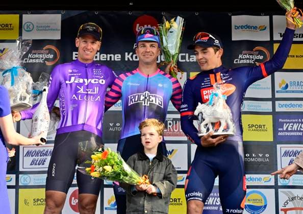 Bredene Koksijde Classic 2026 Cycling Race KOKSIJDE, BELGIUM - MARCH 20 : Ackermann Pascal (GER) of Team Jayco AlUla, Groenewegen Dylan (NED) of Unibet Rose Rockets and Bittner Pavel (CZE) of Team Picnic PostNL pictured during the podium ceremony of the 24th edition of Bredene Koksijde Classic an UCI ProSeries 1.Pro one day cycling road race for Men Elite of km with start in Bredene and finish in Koksijde on March 20, 2026 in Koksijde, Belgium, 20 03 2026 ( Motordriver Stephan Boone - Koksijde Belgium  Copyright: xJanxDexMeuleneirx