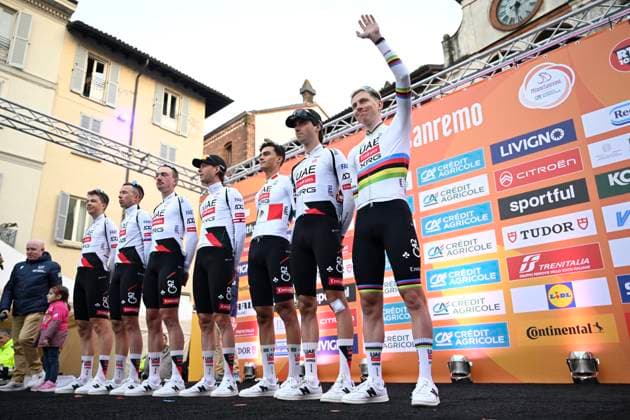 Milan Sanremo 2026 Cycling Race Media Activities 20 03 2026 SANREMO, ITALY - MARCH 20 : Pogacar Tadej (SLO) of UAE Team Emirates - XRG pictured during the teams presentation prior to the 117th edition of Milan Sanremo an UCI World Tour 1.UWT one day cycling road race for Men Elite of 298 km with start in Pavia and finish in Sanremo on March 20, 2026 in Sanremo, Italy, 20 03 2026 ( Motordriver Guy De Vuyst - Sanremo Italy  Copyright: xNicoxVereeckenx