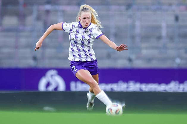 20.03.2026, Fußball, 1. Frauen Bundesliga, SGS Essen - FC Bayern München, Stadion Hafenstraße, Google Pixel Frauenbundesliga, 21. Spieltag, Saison 2025 2026: Julie Terlinden (SGS Essen 02) DFB regulations prohibit any use of photographs as image sequences and or quasi-video. Nordrhein-Westfalen Deutschland
