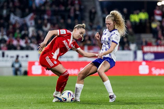 GOOGLE PIXEL Frauen Bundesliga, SGS Essen - FC Bayern München; 20.03.2026 Zweikampf Giulia Gwinn (FC Bayern München, 7), Julie Terlinden (SGS Essen, 2) GOOGLE PIXEL Frauen Bundesliga, SGS Essen - FC Bayern München, Essen, Stadion an der Hafenstrasse am 20.03.2026 DFB REGULATIONS PROHIBIT ANY USE OF PHOTOGRAPHS AS IMAGE SEQUENCES AND OR QUASI-VIDEO. Copyright: xBEAUTIFULxSPORTS Wunderlx