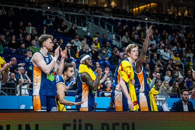 Basketball Berlin 20.03.2026 Saison 2025 2026 EasyCredit BBL 1. Bundesliga Männer, Herren Alba Berlin - Rostock Seawolves Jubel Rostock