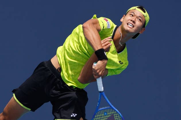MIAMI GARDENS, FL - MARCH 20: Rei Sakamoto (JPN) in action during a Men™s Singles match against Aleksandar Kovacevic (USA) at the Miami Open on March 20, 2026, at Hard Rock Stadium in Miami Gardens, Florida,(Photo by Chris Arjoon Icon Sportswire) TENNIS: MAR 20 Miami Open EDITORIAL USE ONLY Icon2603200010054