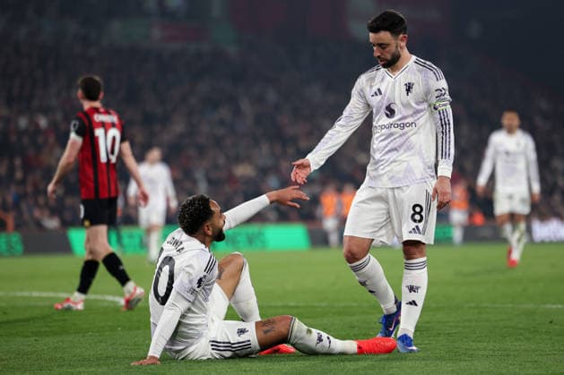 20th March 2026, Bournemouth, Dorset, England; Premier League Football, AFC Bournemouth versus Manchester United, ManU Ryan Christie of Bournemouth and Alex Scott of Bournemouth celebrating an penalty kick  HenningxvonxJagow Content restricted for UK based newspaper
