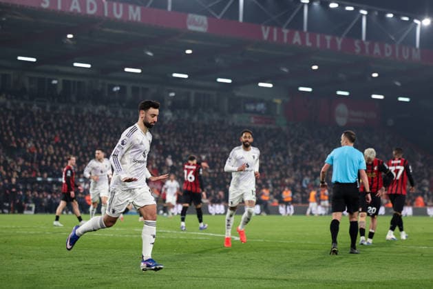 20th March 2026, Bournemouth, Dorset, England; Premier League Football, AFC Bournemouth versus Manchester United, ManU Bruno Fernandes of Manchester United celebrates scoring his sides 1st goal of the match in the 61th minute for 1-0  HenningxvonxJagow Content restricted for UK based newspaper