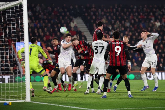 20th March 2026, Bournemouth, Dorset, England; Premier League Football, AFC Bournemouth versus Manchester United, ManU James Hill of Bournemouth scoring an own goal in the 71th minute for 1-2  HenningxvonxJagow Content restricted for UK based newspaper