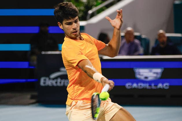 MIAMI GARDENS, FL - MARCH 20: Carlos Alcaraz (ESP) in action during a men™s singles match against Joao Fonseca (BRA) at the Miami Open on March 20, 2026, at Hard Rock Stadium in Miami Gardens, Florida,(Photo by Chris Arjoon Icon Sportswire) TENNIS: MAR 20 Miami Open EDITORIAL USE ONLY Icon2603200010214