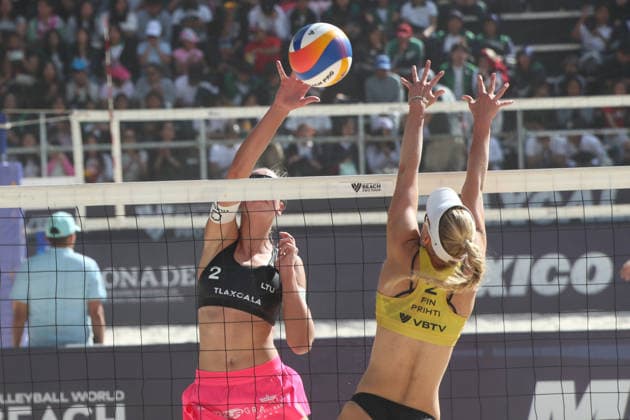 Women™s 2026 Volleyball World Beach Pro Tour - Round of 24 Aine Raupelyte of Lithuania spikes the ball against Valma Vilhelmiina Prihti of Finland during the round of 24 match between Lithuania and Finland for the Women s 2026 Volleyball World Beach Pro Tour. on March 20, 2026 in Tlaxcala, Mexico. (Photo by Essene Hernandez Eyepix Group) Copyright: xEssenexHernandez xEyepixxGroupx EH_20032026_178343