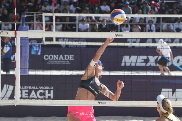 March 20, 2026, Tlaxcala, Ciudad de Mexico, Mexico: Monika Paulikiene of Lithuania spikes the ball during the round of 24 match between Lithuania and Finland for the Women s 2026 Volleyball World Beach Pro Tour. on March 20, 2026 in Tlaxcala, Mexico. Tlaxcala Mexico - ZUMAe321 20260320_zsa_e321_040 Copyright: xEssenexHernandezx