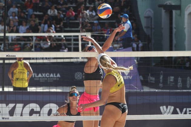March 20, 2026, Tlaxcala, Ciudad de Mexico, Mexico: Aine Raupelyte of Lithuania spikes the ball against Valma Vilhelmiina Prihti of Finland during the round of 24 match between Lithuania and Finland for the Women s 2026 Volleyball World Beach Pro Tour. on March 20, 2026 in Tlaxcala, Mexico. Tlaxcala Mexico - ZUMAe321 20260320_zsa_e321_032 Copyright: xEssenexHernandezx
