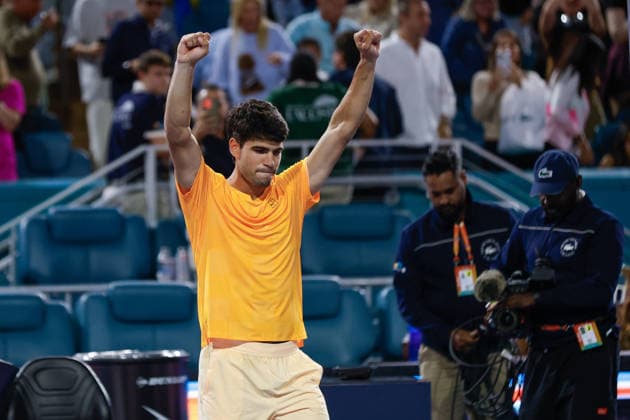 MIAMI GARDENS, FL - MARCH 20: Carlos Alcaraz (ESP) celebrates after his men™s singles match against Joao Fonseca (BRA) at the Miami Open on March 20, 2026, at Hard Rock Stadium in Miami Gardens, Florida,(Photo by Chris Arjoon Icon Sportswire) TENNIS: MAR 20 Miami Open EDITORIAL USE ONLY Icon2603200010224
