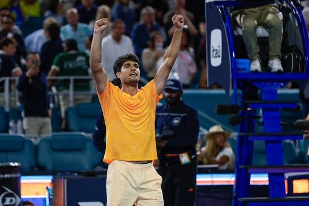 MIAMI GARDENS, FL - MARCH 20: Carlos Alcaraz (ESP) celebrates after his men™s singles match against Joao Fonseca (BRA) at the Miami Open on March 20, 2026, at Hard Rock Stadium in Miami Gardens, Florida,(Photo by Chris Arjoon Icon Sportswire) TENNIS: MAR 20 Miami Open EDITORIAL USE ONLY Icon2603200010225
