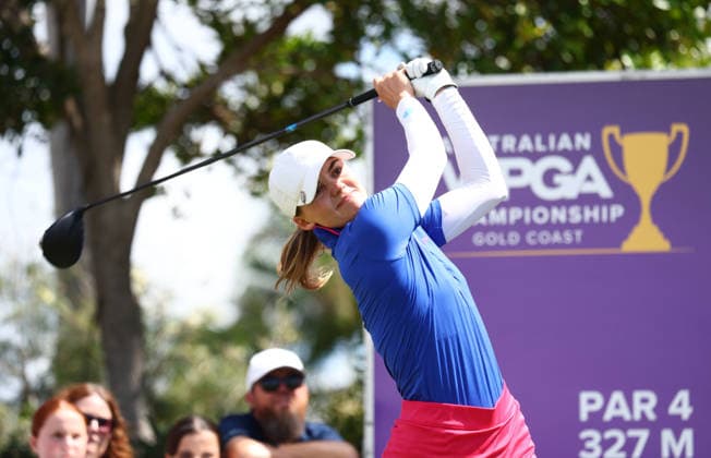 GOLF AUSTRALIAN WPGA, Switzerland s Vanessa Knecht tees off on the 1st hole during the 3rd round of the 2026 Australian WPGA Championship at Sanctuary Cove Golf and Country Club on the Gold Coast, Saturday March 21, 2026. ( NO ARCHIVING, EDITORIAL USE ONLY GOLD COAST QUEENSLAND AUSTRALIA  Copyright: xx 20260321131154926294