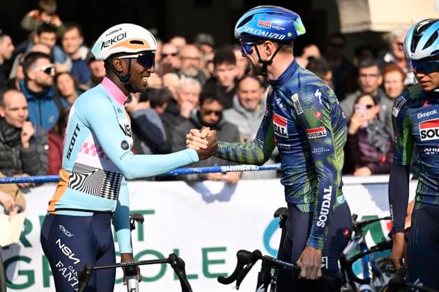 Milan Sanremo 2026 Cycling Race SANREMO, ITALY - MARCH 21 : Girmay Biniam (ERI) of NSN Cycling Team and Schachmann Maximilian (GER) of Soudal Quick-Step before the start of the race during the 117th edition of Milan Sanremo an UCI World Tour 1.UWT one day cycling road race for Men Elite of 298 km with start in Pavia and finish in Sanremo on March 21, 2026 in Sanremo, Italy, 21 03 2026 ( Motordriver Guy De Vuyst - Sanremo Italy  Copyright: xNicoxVereeckenx