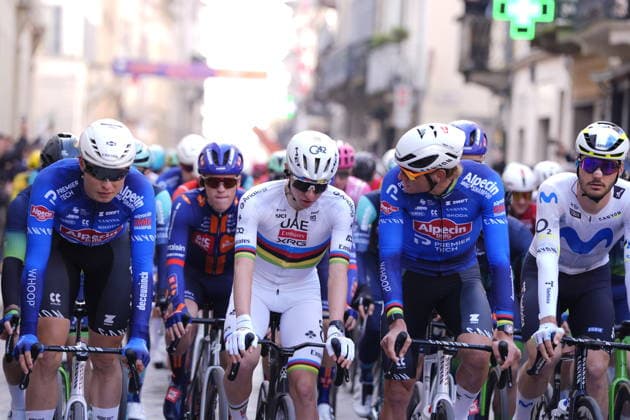 Jasper Philipsen of Alpecin-Premier Tech , Tadej PogaÄar of UAE Team Emirates XRG, Mathieu Van Der Poel of Alpecin-Premier Tech during the men s elite race of the Milano-Sanremo one day cycling race (298 km) from Pavia to Sanremo - North West Italy - March 20, 2026. - cycling .  Copyright: xFabioxFerrari LaPressex