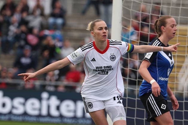 FRANKFURT AM MAIN, DEUTSCHLAND 21. MÄRZ 2026: Eintracht Frankfurt Frauen gegen HSV Frauen, 1. Frauen-Bundesliga, Stadion am Brentanobad. v.l., Laura Freigang (Eintracht Frankfurt) Torjubel, Goal celebration, celebrate the goal Copyright: JoaquimxFerreira