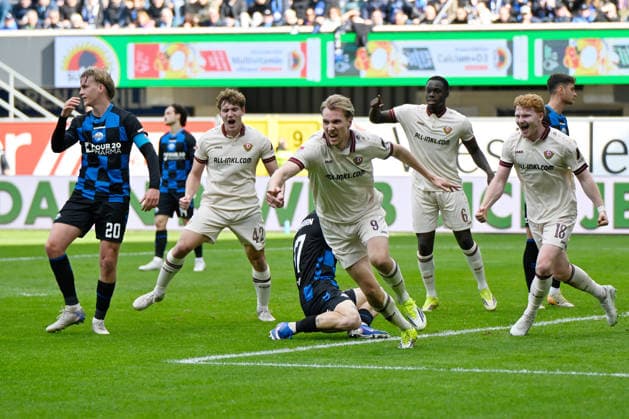 Paderborn, Home Deluxe Arena, 21.03.26, GER, Herren, 2.Bundesliga, Saison 2025-2026, SC Paderborn 07 - Dynamo Dresden Bild: Vincent VERMEIJ (Dresden) jubelt nach seinem Tor zum 0:1 DFL regulations prohibit any use of photographs as image sequences and or quasi-video. NRW Deutschland