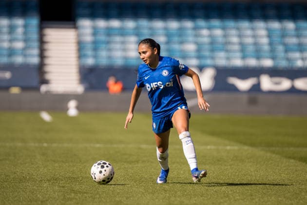 LONDON, ENGLAND - MARCH 21: Alyssa Thompson of Chelsea charges down the wing during the Barclays Womens Super League match between London City Lionesses and Chelsea at the The Den on March 21, 2026 in London, England. (Photo by Claire Jeffrey Sports Press Photo) Copyright: xClairexJeffreyx xSPPx Sportspressphoto_SPR114812