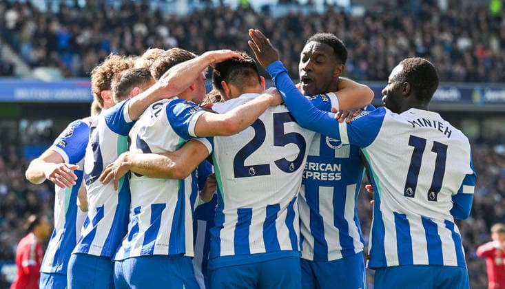 Danny Welbeck of Brighton (2nd from right) is mobbed after giving them the lead in the first half during the Premier League match between Brighton and Hove Albion and Liverpool at the American Express Stadium , Brighton , UK - 21st March 2026 Brighton & Hove Albion vs Liverpool Premier League Football, Amex Stadium, Sussex, United Kingdom - 21 Mar 2026Brighton Amex Stadium Sussex United Kingdom Editorial use only. No merchandising. For Football images FA and Premier League restrictions apply inc. no internet mobile usage without FAPL license - for details contact Football Dataco  Copyright: xSimonxDack TPI Shutterstockx 16784403s