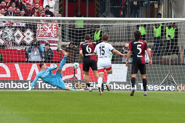 21.03.2026, xrekx, Fussball 2.Bundesliga, 1. FC Nuernberg - 1.FC Kaiserslautern v.l. Strafstoss Elfmeter zum 2:0 durch Adam Markhiev (1.FC Nuernberg) Julian Krahl (1.FC Kaiserslautern) (DFL DFB REGULATIONS PROHIBIT ANY USE OF PHOTOGRAPHS as IMAGE SEQUENCES and or QUASI-VIDEO) Nuernberg