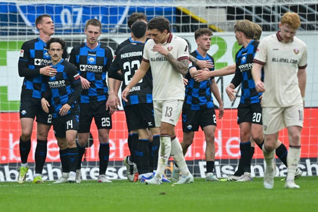 Paderborn, Home Deluxe Arena, 21.03.26, GER, Herren, 2.Bundesliga, Saison 2025-2026, SC Paderborn 07 - Dynamo Dresden Bild: Steffen TIGGES (Paderborn) jubelt nach seinem Tor zum 1:1 DFL regulations prohibit any use of photographs as image sequences and or quasi-video. NRW Deutschland