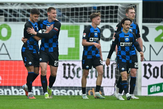 Paderborn, Home Deluxe Arena, 21.03.26, GER, Herren, 2.Bundesliga, Saison 2025-2026, SC Paderborn 07 - Dynamo Dresden Bild: Steffen TIGGES (Paderborn) jubelt nach seinem Tor zum 1:1 DFL regulations prohibit any use of photographs as image sequences and or quasi-video. NRW Deutschland