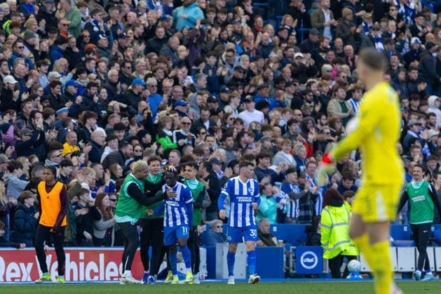 Football - FA Premier League - Brighton & Hove Albion FC v Liverpool FC BRIGHTON & HOVE, ENGLAND - Saturday, March 21, 2026: Brighton & Hove Albion s Yankuba Minteh celebrates with team-mates after crossing the ball for the second goal during the FA Premier League match between Brighton & Hove Albion FC and Liverpool FC at the AMEX Community Stadium. (Photo by David Rawcliffe Propaganda) BRIGHTON & HOVE AMEX Community Stadium SUSSEX ENGLAND  Copyright: xDavidxRawcliffex P2026-03-21-Brighton_Liverpool-95