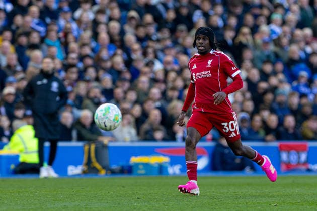 Football - FA Premier League - Brighton & Hove Albion FC v Liverpool FC BRIGHTON & HOVE, ENGLAND - Saturday, March 21, 2026: Liverpool s Jeremie Frimpong during the FA Premier League match between Brighton & Hove Albion FC and Liverpool FC at the AMEX Community Stadium. (Photo by David Rawcliffe Propaganda) BRIGHTON & HOVE AMEX Community Stadium SUSSEX ENGLAND  Copyright: xDavidxRawcliffex P2026-03-21-Brighton_Liverpool-99