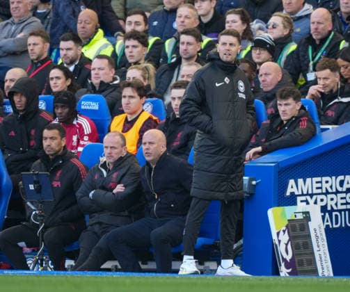 Brighton and Hove Albion v Liverpool, Premier League, Football, Amex Stadium, Brighton, UK - 21 Mar 2026 Arne Slot manager of Liverpool and Fabian Hurzeler manager of Brighton on the side-lines. Brighton Amex Stadium Brighton UK, UK NEWSPAPERS OUT Copyright: xSeanxRyanx