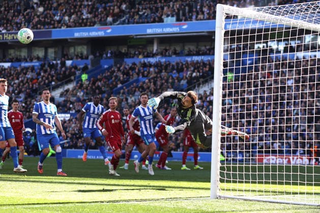 Brighton v Liverpool 21 March 2026, Falmer - Premier League Football - Brighton & Hove Albion v Liverpool - Liverpool goalkeeper Giorgi Mamardashvili makes a save - Photo: Charlotte Wilson Offside. Falmer UK Copyright: xCharlottexWilsonx xOffsidexOffside