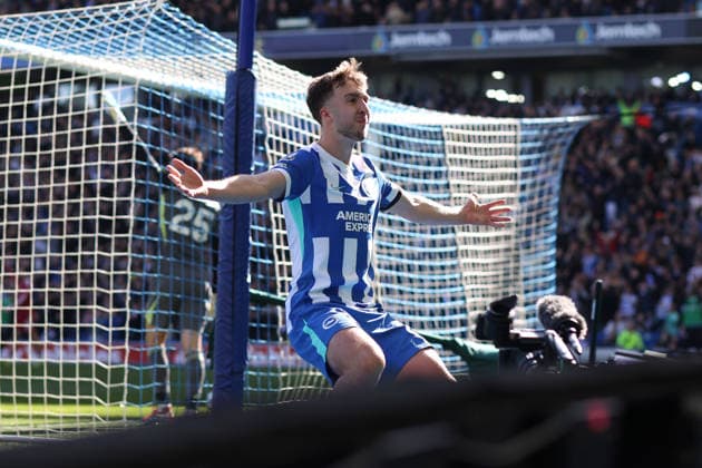 Brighton v Liverpool 21 March 2026, Falmer - Premier League Football - Brighton & Hove Albion v Liverpool - Jack Hinshelwood of Brighton & Hove Albion celebrates their 2nd goal after providing the assist - Photo: Charlotte Wilson Offside. Falmer UK Copyright: xCharlottexWilsonx xOffsidexOffside